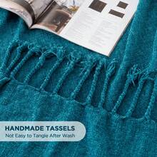 Soft Cozy Chenille Throw Blanket With Fringe Tassels, Teal Blue Blanket Throw For Couch Bed Sofa, Lightweight Knit Throw Blanket For Home Decor, 50"X60" - Teal - 查看 3
