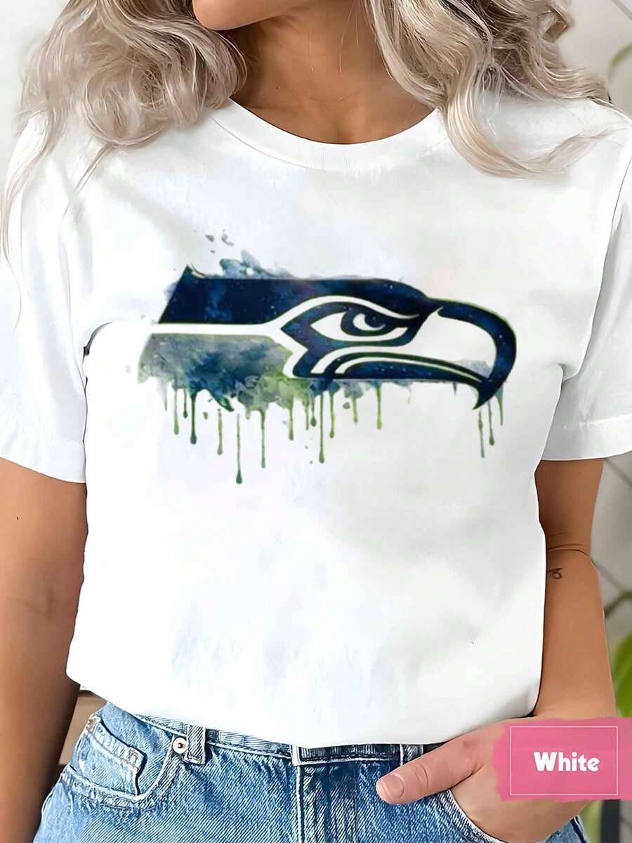 Seahawks Football Team Logo Print Women T Shirt Short Sleeve Round Neck 220g - 白1 - 查看 1