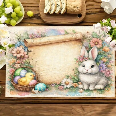 1 pieza/4 piezas/6 piezas/8 piezas Manteles individuales de lino con estampado de arte vintage de conejo y huevo, regalos de Pascua, decoración de Pascua, adecuados para mesa de comedor, todo el año, manteles de mesa modernos y lavables, decoración del hogar, manteles individuales, posavasos, alfombrillas de cocina y comedor, decoraciones de fiesta interior y exterior, regalos ideales