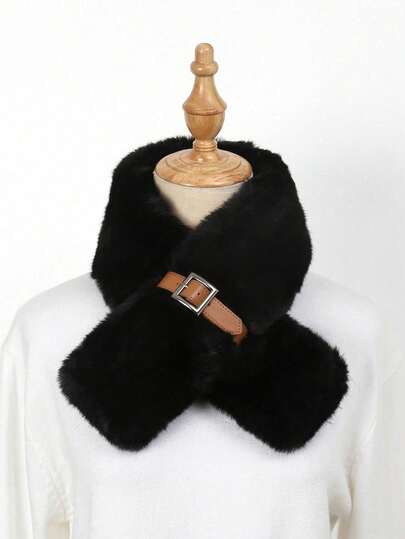 1条纯色毛绒围巾，带皮带，时尚保暖围脖