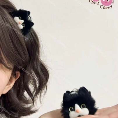 1个可爱卡通猫咪发夹，爪形夹，毛绒动物造型发饰，萌趣头饰，甜美女孩礼物，生日、节日、圣诞节、复活节的完美之选