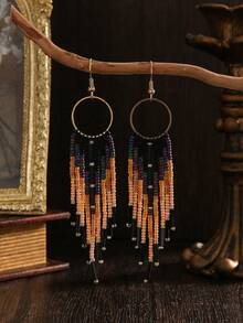 女士时尚垂坠耳环，波西米亚串珠耳环，哥特风，复古风，黑黄紫配色，流苏吊坠，手工玻璃珠编织图案耳环，铜质耳环，流苏耳环，女士耳环，适合派对、日常、度假佩戴 - 黑色 - 查看 6