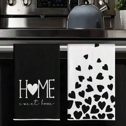 2pcs Black Heart Scattered Kitchen Towel Set, Soft & Highly Absorbent Cooking, Baking, Dish Washing, Hand Drying Towels, Sweet Housewarming Gift For Friends, Kitchen Accessories, Decor, Household Essentials