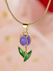 1pc Purple Tulip Oil Drop Pendant Necklace - Purple - View 2