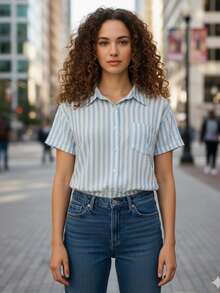 Blusa de rayas verticales celeste con botones frontales. Su diseño clásico con cuello camisero  la convierte en una prenda versátil, ideal para el día a día o para un look casual de oficina. Cuenta con manga corta y un práctico bolsillo en el pecho, perfecta para combinar con jeans, faldas o pantalones de vestir. fresco calor día noche playa jardín comida primavera verano calle diario cumpleaños outfit lo mas vendido. - Azul - Ver 1