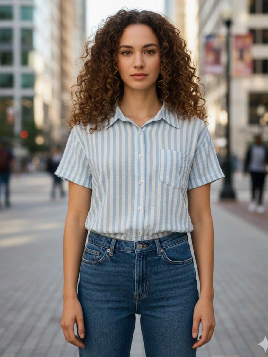 Blusa de rayas verticales celeste con botones frontales. Su diseño clásico con cuello camisero  la convierte en una prenda versátil, ideal para el día a día o para un look casual de oficina. Cuenta con manga corta y un práctico bolsillo en el pecho, perfecta para combinar con jeans, faldas o pantalones de vestir. fresco calor día noche playa jardín comida primavera verano calle diario cumpleaños outfit lo mas vendido. - Azul - Ver 1