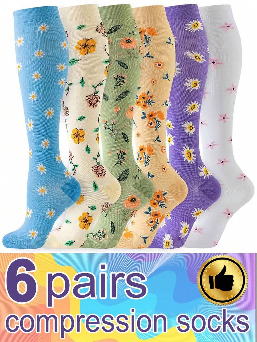 6 Pairs Women's Compression Socks, Floral Pattern, Breathable Knee-High Socks, Suitable For Running, Fitness, Skipping, Cycling And Other Sports - Multicolor - View 1
