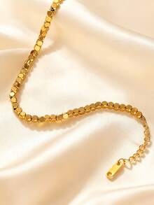 RAYQUEEN 1pc Stainless Steel Square Beaded Fashionable Gold-Color Personalized Bracelet For Women, Suitable As Gift - Anklets - View 4