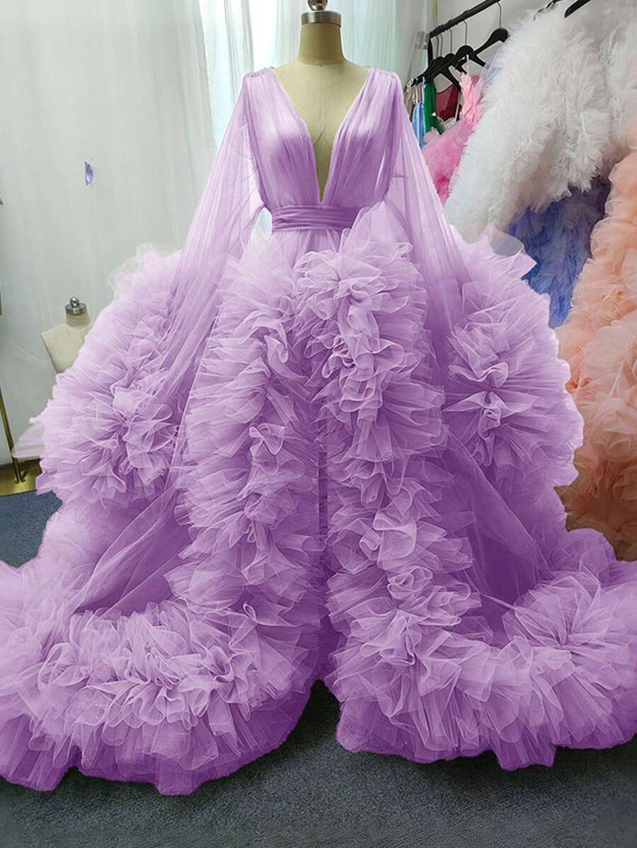Maternity Dress For Photoshoot Photography Pregnancy Clothes Babydoll Nightie Sleepwear Kimono Tie Tulle Mesh No Lining See-Through Ruffles Long Sleeves Women Dresses Beach Wedding Women Dresses - 紫丁香色 - 查看 1
