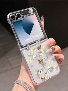 1pc Fashionable And Simple Frosted PC Material Cute Plant Butterfly Element Folding Phone Case, Can Protect And Prevent Falling: SamsungGalaxy Zflip 3/Zflip 4/Zflip 5/Zflip 6/Zflip 7/ Razr 50 Ultra/ Razr 60 Ultra/ Razr 50/Galaxy Z Flip7 FE - Clear - View 2