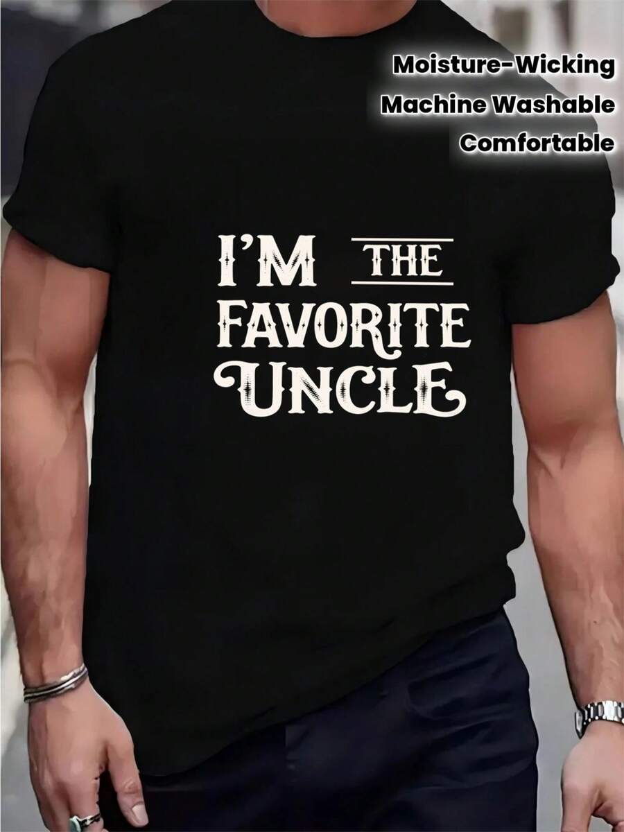 Camiseta gráfica divertida para hombres "Soy el tío favorito" - Impresión negra en blanco, camiseta de manga corta de cuello redondo para todas las estaciones, para fiestas, actividades al aire  vestimenta casual - Tela transpirable, que absorbe la humedad y de secado rápido, ajuste cómodo para hombres y adolescentes, ideal para correr y actividades de fin de semana - Lavable a máquina, regalo humorístico para tíos, cumpleaños y eventos familiares, camiseta para hombres, camiseta gráfica para hombres, camiseta para hombres