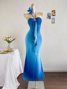 Women's Vacation Knit Mesh Ombre Romantic Fitted Halter Tie-Up Metal Buckle Decor Fishtail Maxi Dress, Suitable For Party, Date, Afternoon Tea, Sexy & Elegant - 藍色 - 查看 8