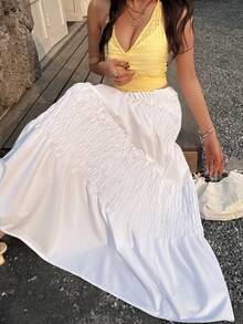 Women's Long White Pleated Skirt, Non-Stretch Fabric, Suitable For Daily Wear - White - View 6