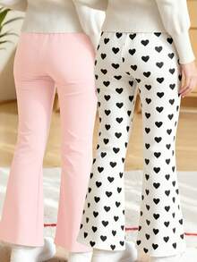 2pcs/Set Young Girl Pants, Heart Print & Solid , Fashion Matching, Sister Set - Baby Pink - View 2