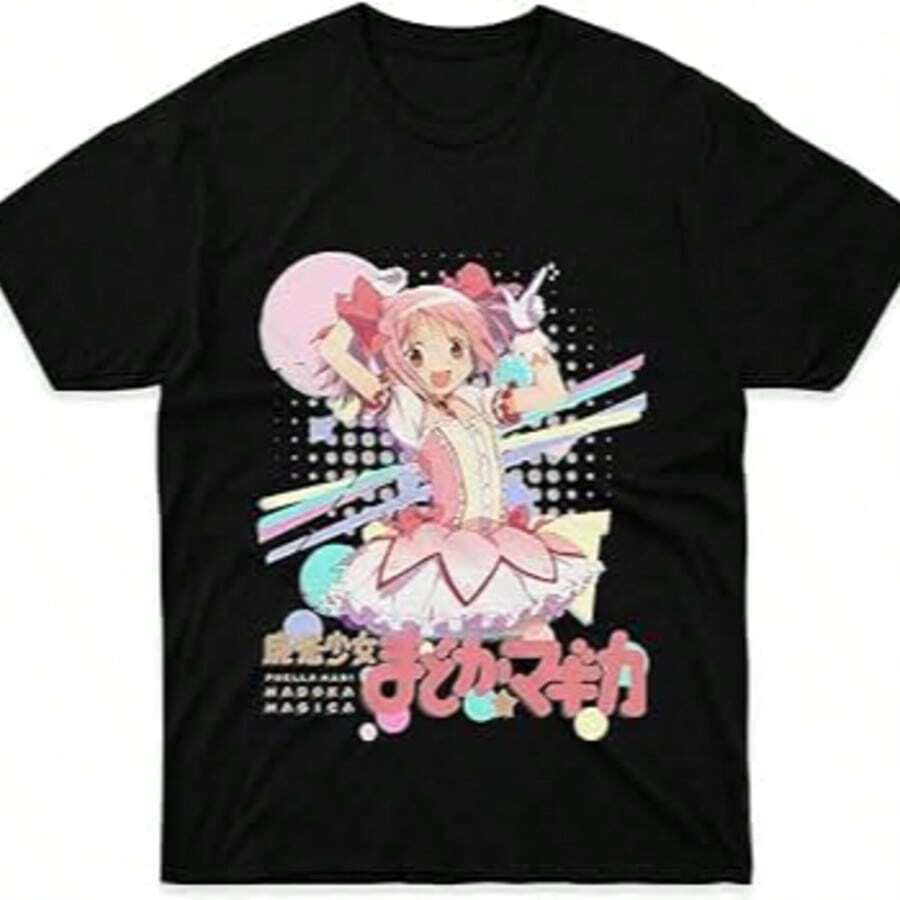 Women's Short Sleeve Crew Neck T-Shirt - Fashion Print Fun Pattern, Valentine Outfits For Women, Women's Madoka Magica Anime Costume Shirt - All- Casual Short-Sleeve Top With Madoka, Kyubey & Magical Characters For, Themed Events & Casual Attire Comfortable Casual Attire, Spring Summer Fall Blouse - Easy Style For Layering Or Solo Outfits, - 黑色1 - 查看 1