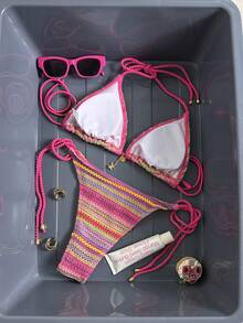 Women's Summer Beach Patchwork Halter Tie Sexy Bikini Swimwear Set - Hot Pink - View 3