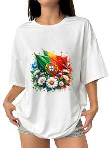 Camiseta Oversize con Estampado de Bandera de Portugal y Flores - Colores Blanco y Negro, Casual para Hombres - Blanco - Ver 7