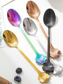 Stainless Steel Dessert Spoon, Creative Flower-Shaped Coffee Stirring Spoon With Long Handle, Gold Cherry Blossom Dual-Head Spoon, Suitable For Afternoon Tea - Multicolor - View 1