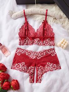 Lace Crotch Less Seductive Lingerie, Semi Transparent Deep V Slim Fit Backless Design For Women's Sexy Lingerie, Blue Contrasting Lace Sexy Lingerie, Semi Transparent Open Chest Bra And Crotch Less Triangle Pants Set, Perfect For Romantic Scenes - Burgundy - View 8