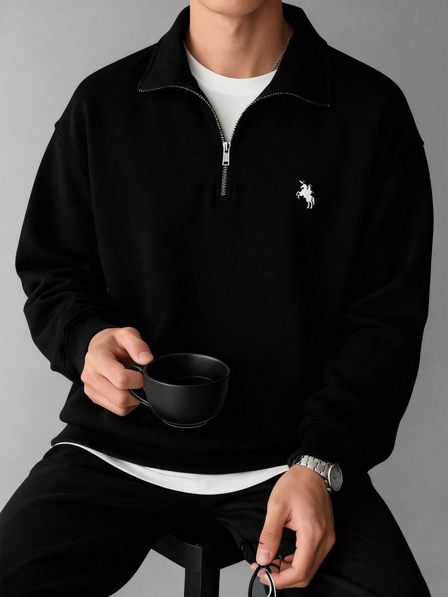 Men's Fashionable Street Style Casual Printed Zip-Up Hooded Sweatshirt, Autumn/Winter - Black - View 1