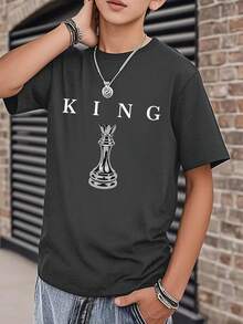 Short-Sleeved T-Shirt With Round Neck And Casual Graphic Print For Children And Teenagers, Summer Top - 深灰色 - 查看 2