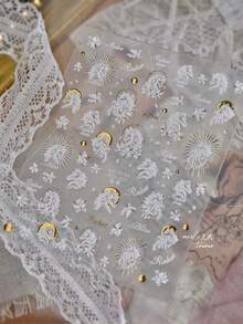 1片装 5D立体美甲贴纸 精致花朵和可爱小马图案 热压印 DIY自粘美甲贴纸 - 白色 - 查看 4