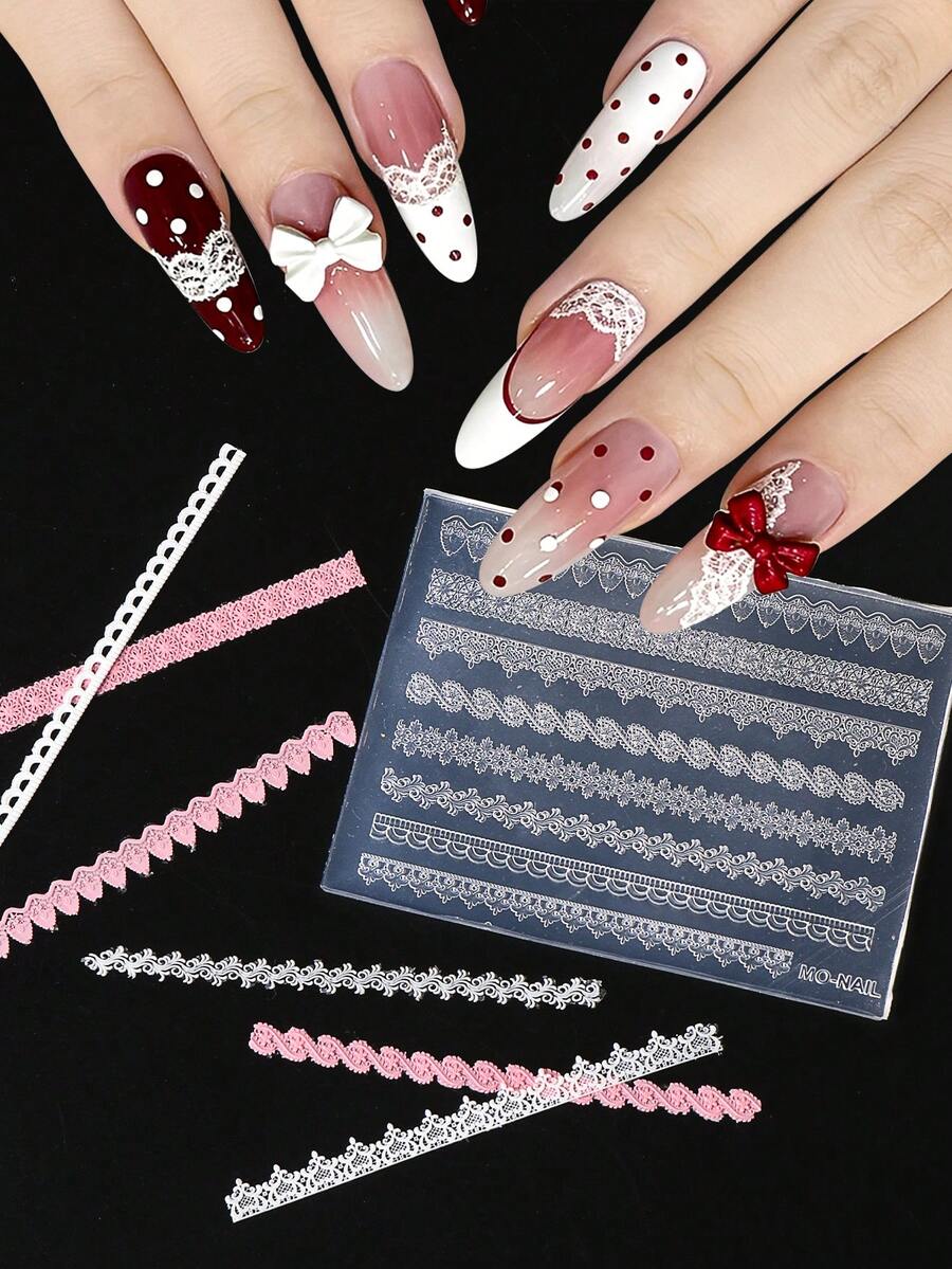 1件装 3D 立体蕾丝硅胶美甲雕刻模具，多种蕾丝边缘设计，压花模具，印花板，DIY美甲凝胶模板，美甲工具，美甲用品 - 無色 - 查看 1