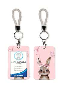 1pc Cute Rabbit Pattern ID Card Holder With Keychain, Clip And Butterfly Phone Lanyard, Keychain Badge Rack - Rectangle - View 6