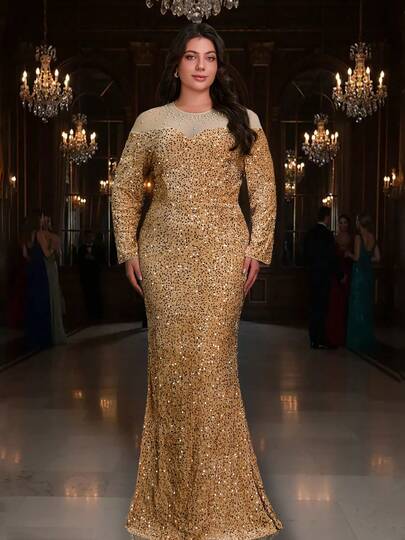 Romagic Women's Sequin & Sequins Embellished Long Sleeve Round Neck Velvet Fitted Elegant Long Evening Gown