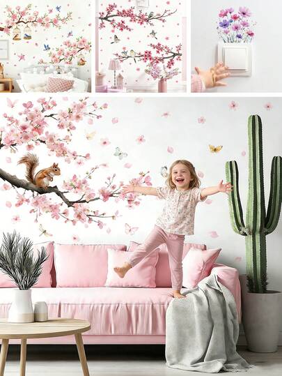 BRUP 1/2 张可爱樱花墙贴，适用于婴儿房，可移除粉色花鸟动物贴纸，婴儿房装饰，儿童卧室墙面艺术，女孩房家居装饰