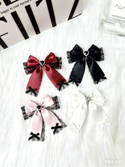 Broche con forma de corazón, estilo japonés, con diamantes y lazo de encaje, en color morado, dulce y lindo, con adorno floral. Disponible en varios colores. Se puede usar como pasador de pelo. Rosa, negro.