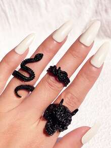 Set de 3 anillos con diseño de calavera y serpiente estilo punk, anillos personalizados de moda para mujer - Plata antigua - Ver 5