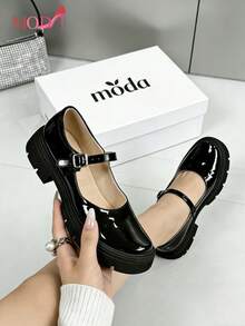 Bailarinas cuadradas para mujer, zapatos planos de piel sintética tipo Mary Jane, transpirables y casuales, elegantes y de moda, bailarinas de ante, zapatos versátiles de moda casual para mujer, para ir al trabajo y de vacaciones,zapatos para mujer,zapatos comodos de mujer, Zapatos De Estilo Mary Jane Para Mujer De Talla Grande, De Estilo Minimalista Y Preppy, De Piel Sintética (PU), Tacón Grueso, Suela Plana Gruesa Y Versátil De Color Negro Brillante,zapatos para mujer,Cómodos oxfords con elevación, zapatos para fiesta estilo británico.Regalos para mujer/mamá/niña - Negro - Ver 15