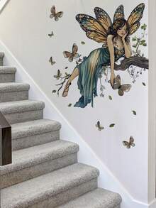 1pc Tree Branch Butterfly Fairy Girl Wall Decal Sticker, Removable Wall Art Decor For Bedroom, Living Room - 1PC - View 6