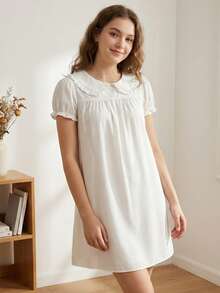 Women Short Sleeve Shirts Solid Color Doll Collar Loose Blouses Summer Casual Tops Streetwear - 白色 - 查看 8