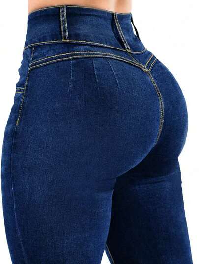 Pantalones vaqueros elásticos de talle alto con triple botón y lavado oscuro para mujer de talla grande, pantalones casuales que levantan y moldean la figura, para primavera