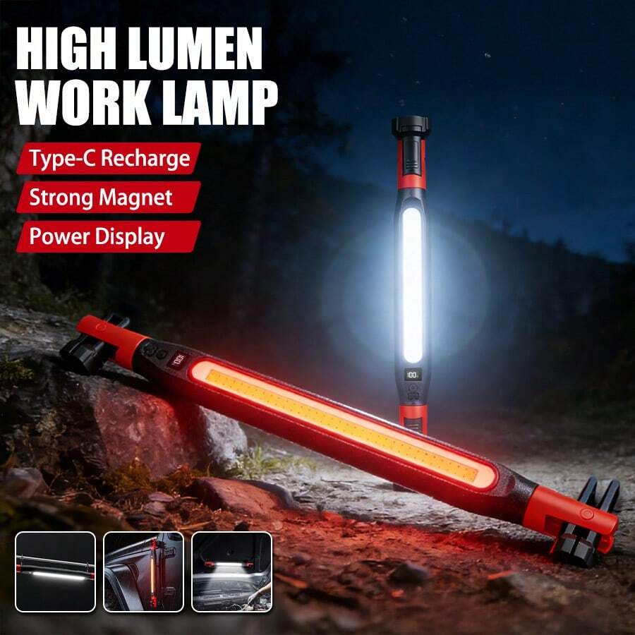 1 pieza Luz de trabajo de alto lumen COB con imán + gancho + clip Diseño 3 en 1 | Recargable por USB-C Larga duración de la batería Iluminación de varios ángulos