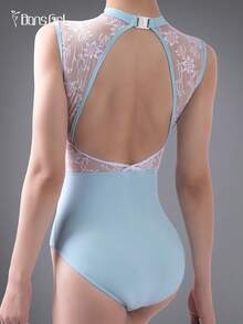 DonsGirl 1 pieza Maillot de ballet para mujer, diseño de cuello alto y espalda descubierta, detalle de encaje, ropa de actuación de danza - Celeste - Ver 12