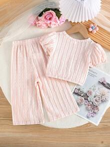 两件套女童可爱条纹上衣和简约长裤，优雅日常穿搭 - 粉色 - 查看 2