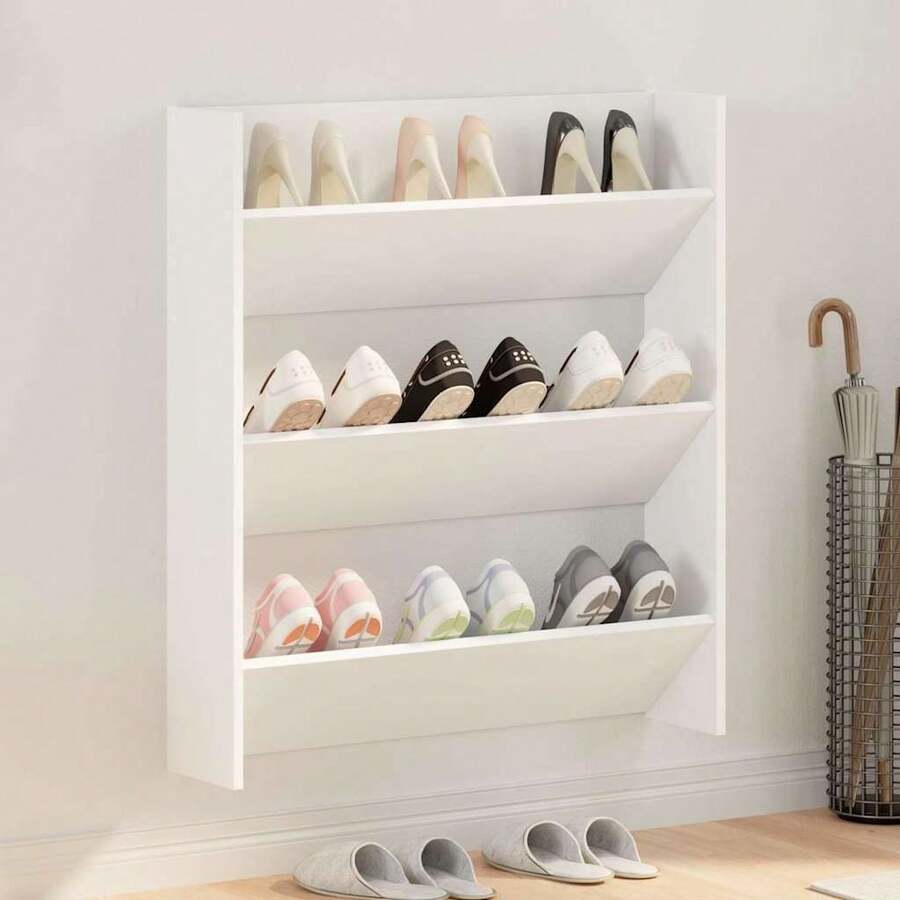 vidaXL Wand-Schuhschrank Weiß 80x18x90 cm Holzwerkstoff - Weiss - Übersicht 1