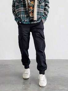 Men's Beige Cargo Jogger Pants With Functional Side Pockets, Streetwear Casual Style, Elastic Ankle Adjustment - 黑色 - 查看 3