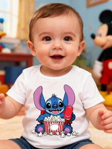 Disney Baby Boy T-Shirt, Featuring A Creative Stitch Cartoon Print, Made Of Breathable, Soft, And Comfortable Fabric. This Spring/Summer Round Neck T-Shirt Is Perfect For Everyday Wear And Outings, And Also Makes A Great Gift For Your Baby. - trắng - Xem 1