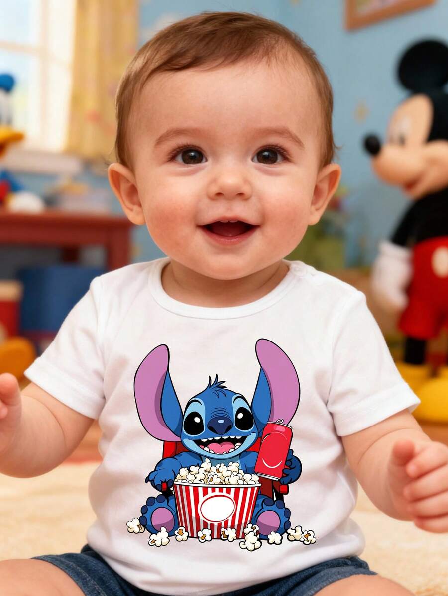 Disney Baby Boy T-Shirt, Featuring A Creative Stitch Cartoon Print, Made Of Breathable, Soft, And Comfortable Fabric. This Spring/Summer Round Neck T-Shirt Is Perfect For Everyday Wear And Outings, And Also Makes A Great Gift For Your Baby. - trắng - Xem 1