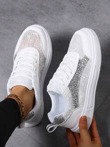 New Spring/Summer Women's Casual Sneakers, Women's White Shoes, Women's Skateboard Shoes, Women's Lace Breathable Casual Shoes, Women's Mesh Breathable Skateboard Shoes, Women's Fashion Flat Board Shoes, Women's Student White Shoes, Campus Style Skateboard Shoes, Women's Glitter White Shoes, Women's White Flat Sports Shoes, Women's Travel Shoes, Women's Hollow Mesh Board Shoes, Women's Walking Shoes, Women's Round Toe Lace-Up Board Shoes, Women's Patterned White Shoes, Women's Shiny Silver Flat Shoes - White - View 1