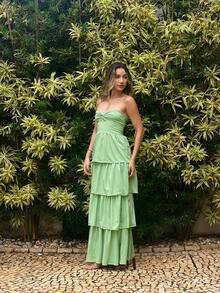 LONG DRESS WITH LAYERED RUFFLES, STRAP-FALL TWISTED AT THE BUST - Mint Green - View 4