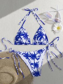 wohenmeili Fashionable Bohemian Style Bandeau Bikini Set, Palm Tree Print, Tie-Up Bottom, High Stretch Fabric With Coconut Tree & Palm Leaf Print, Women's Summer Beach Swimwear, Ideal For Casual Vacation - White Background With Royal Blue - View 1