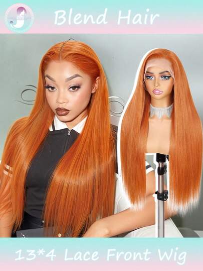 姜橙色蕾丝前假发，真人混纺发丝，13x4直发姜橙色假发，预先拔毛，带婴儿发，350色橙色假发，女士款，8-36英寸（混纺假发 - 真人发丝和合成纤维混合）。真人混纺假发/女士真人混纺假发/真人混纺蕾丝前假发/无胶假发/漂白发结/预先拔毛/蕾丝假发/送给她的礼物/浪漫礼物/爱情礼物/情侣礼物/情人节礼物