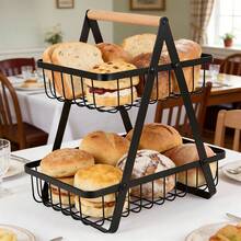 2-Tier Heavy Duty Fruit Basket With Integrated Handle, Space-Saving Iron Wire Vegetable Holder With Open Design For Ventilation, Perfect For Kitchen Countertops - Black - View 6