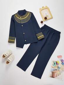 Boys' Formal Suit, Black & Gold Embroidered Mandarin Collar 2 Pieces Outfit, Performance, Runway, Party Wear - Dark Wash - View 2