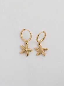 1 Pair Stainless Steel Waterproof & Fade-Resistant Vintage Starfish Hoop Earrings, Suitable For Women's Daily Wear - Gold - View 2